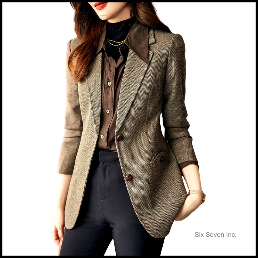 Wool Blend Notched Lapel Herringbone Blazer Slim Fit Single Breasted
